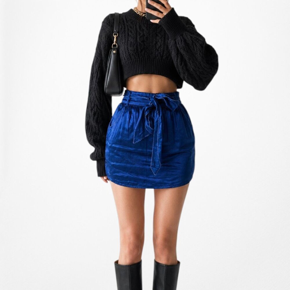 Vintage Y2K 90s Navy Blue High Waisted Silk Pocket Mini Pencil Skirt Size XS/S